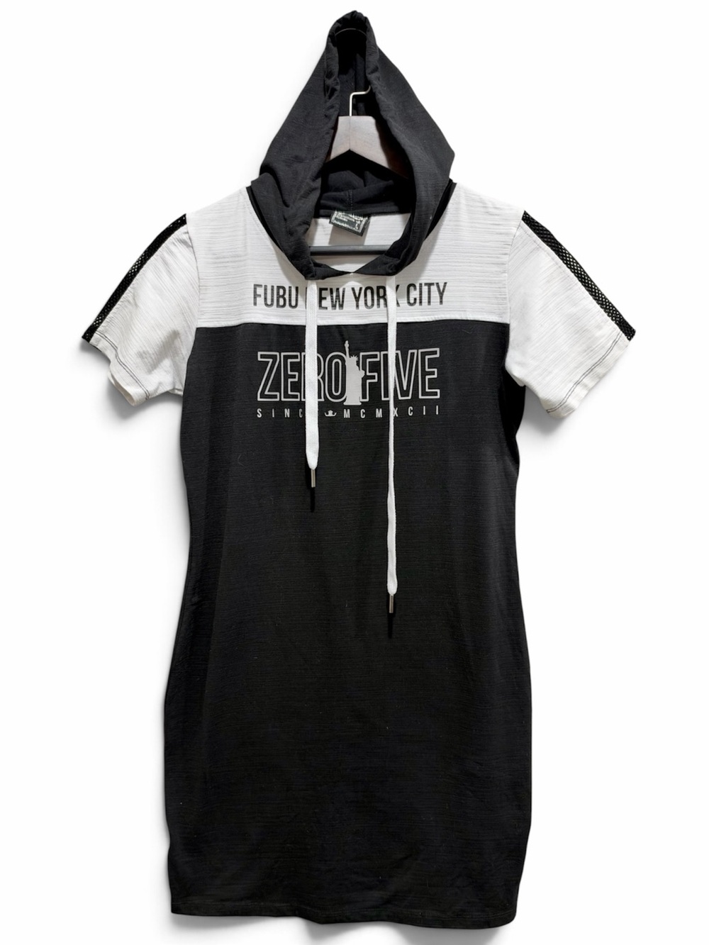 FUBU Black White Hooded Mini Dress L Mesh Sleeve Colorblock Streetwear